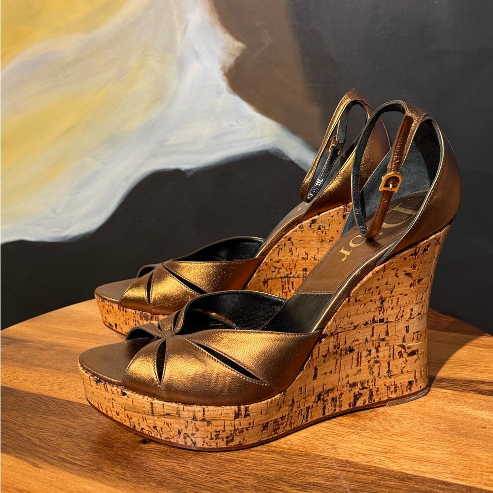 DIOR Metallic Bronze Cork Wedge Sandals with Ankle Strap 41 9